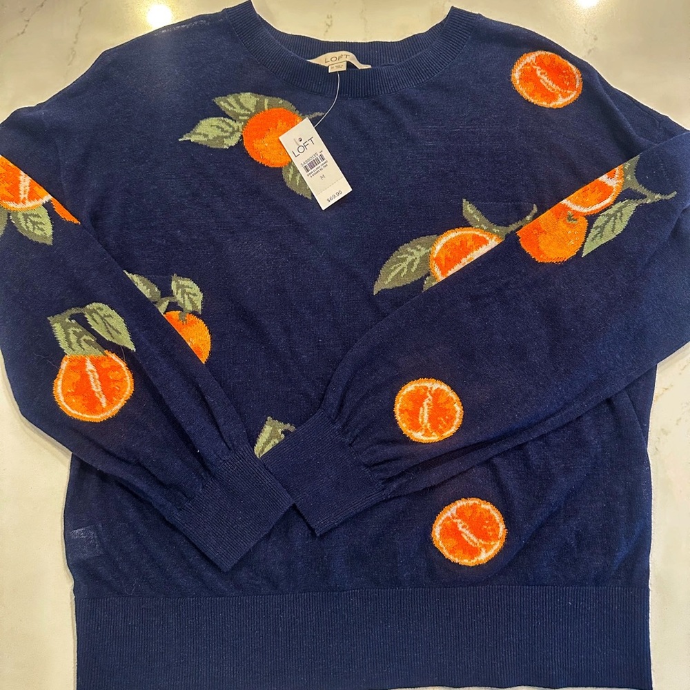 LOFT Navy Fruit Sweater | Oranges Print | NWT | Size Medium